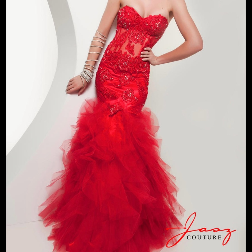 Jasz Couture 4920 Red Mermaid Dress with Custom Sleeves - Picture 1 of 6